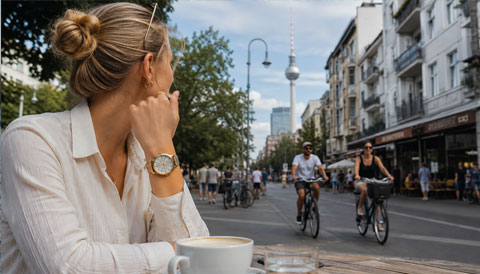 Woman wearing a wristwatch at a Berlin street café