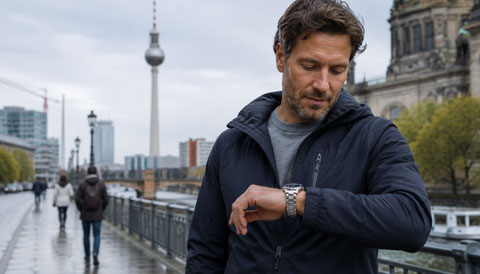 Man in Berlin looking at his radio-controlled watch on his wrist