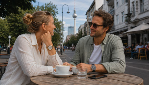 Couple wearing coordinated wristwatches at a Berlin street café