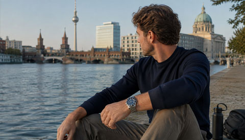 Man by the River Spree in Berlin wearing a diving watch