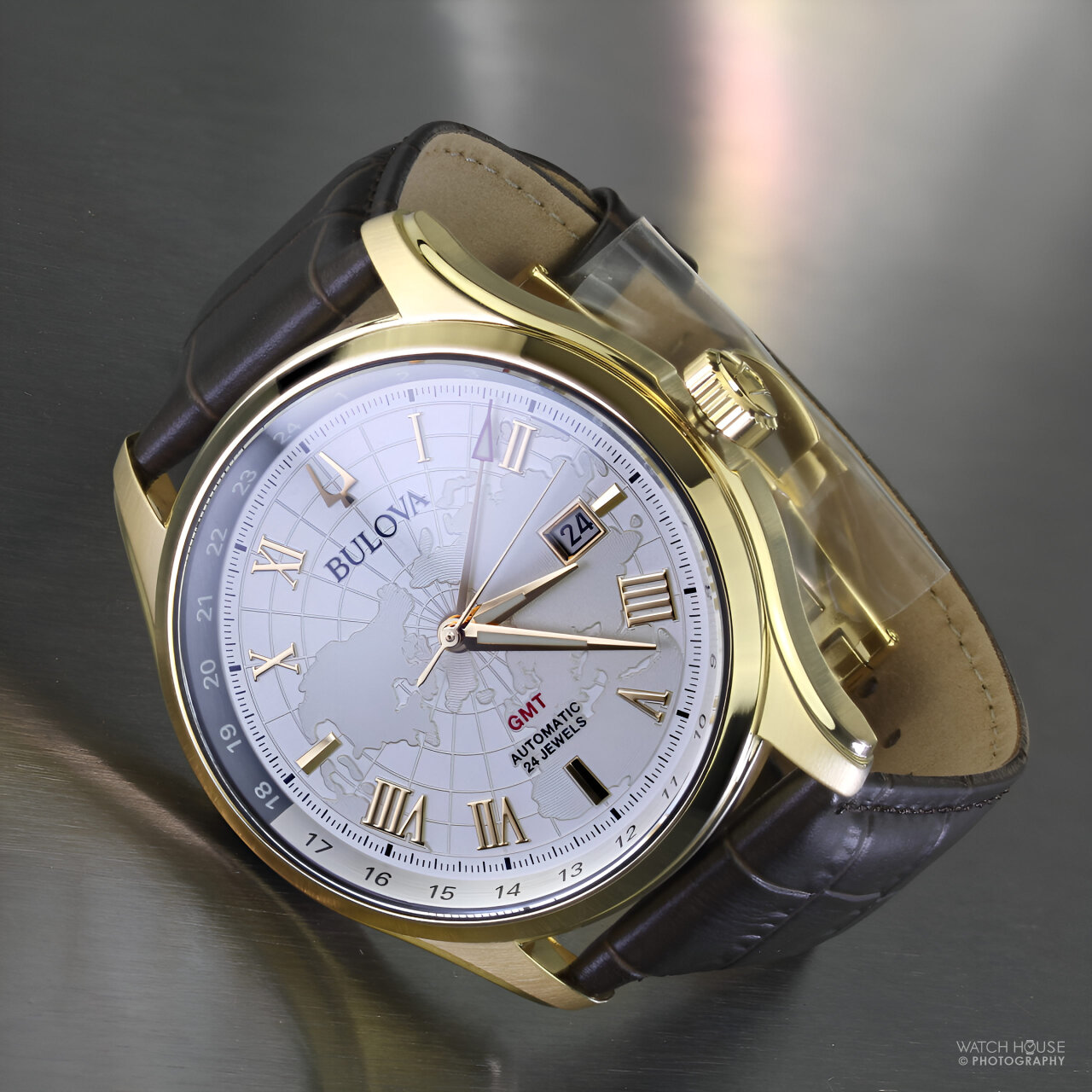 Bulova 97B210 automatic GMT mens watch with 2nd time zone in gold
