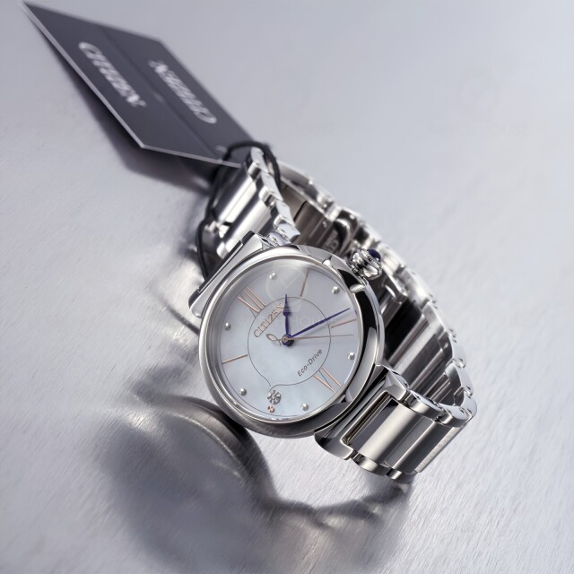 Citizen Womens Diamond Mother-of-Pearl Eco-Drive Watch EM1070-83D Steel-White