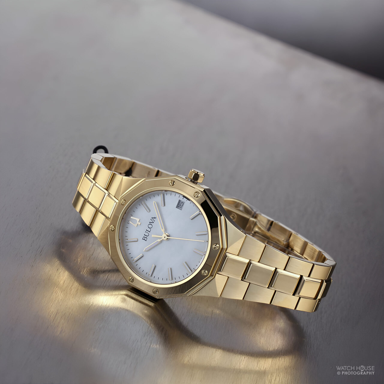 Bulova Classic Octagon Ladies Watch 97M119 Gold Mother-of-Pearl