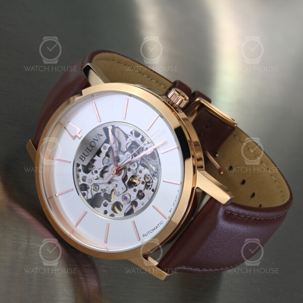 Bulova 97A172 American Clipper automatic skeleton watch in rose gold