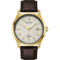 Bulova 97B210 automatic GMT mens watch with 2nd time zone in gold
