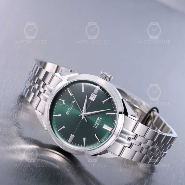 Bulova 96B424 Sutton mens automatic watch in steel emerald green