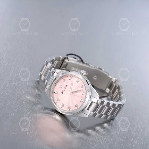 Bulova 96P249 Surveyor steel pink womens watch with 11 diamonds