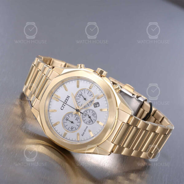 Citizen CA4592-85A Oktagon-Form Eco-Drive Chrono in Gold-Weiß