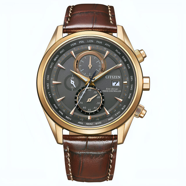 Citizen Funkuhr Chrono mit Weltzeit AT8263-10H Roségold-Grau